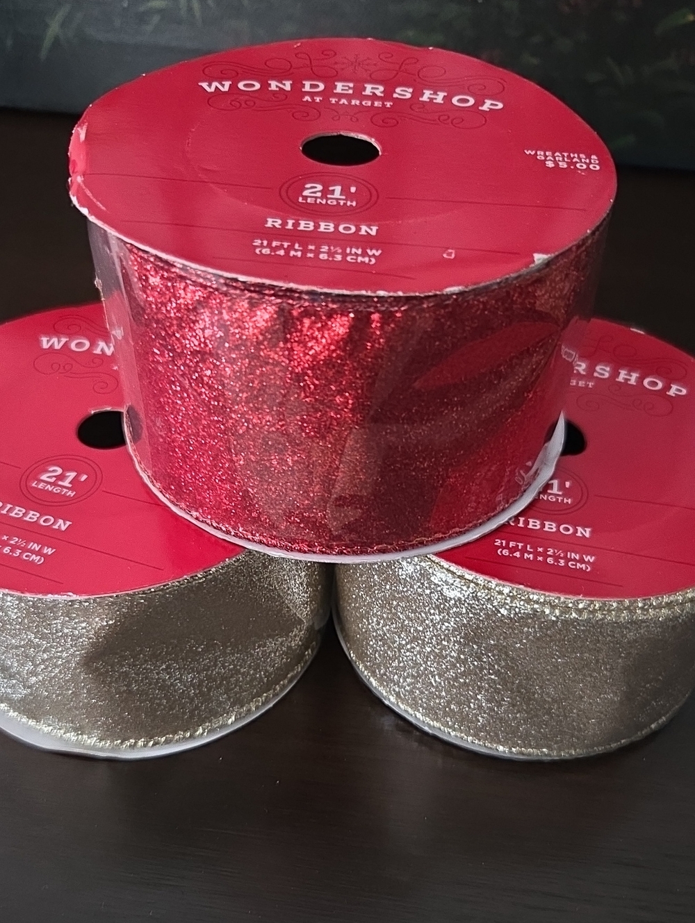 Wondershop Glitter Ribbon - Red & Gold - 2.1in x 21ft